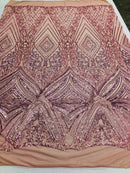 Dusty Rose Sequins on a Mesh, Geometric Design Embroidered on a Mesh 4way Stretch Sequin-Prom-Gown By The Yard
