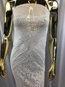 White Sequins on a Mesh, Geometric Design Embroidered on a Mesh 4way Stretch Sequin-Prom-Gown By The Yard