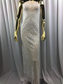 White Sequins on a Mesh, Geometric Design Embroidered on a Mesh 4way Stretch Sequin-Prom-Gown By The Yard