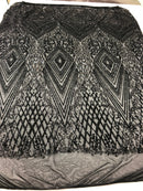 Black Sequins on a Mesh, Geometric Design Embroidered on a Mesh 4way Stretch Sequin-Prom-Gown By The Yard