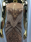 Coffee Sequins on a Mesh, Geometric Design Embroidered on a Mesh 4way Stretch Sequin-Prom-Gown By The Yard