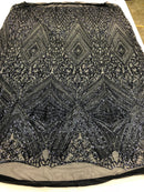 Navy Sequins on a Mesh, Geometric Design Embroidered on a Mesh 4way Stretch Sequin-Prom-Gown By The Yard