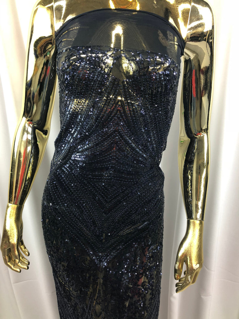 Navy Sequins on a Mesh, Geometric Design Embroidered on a Mesh 4way Stretch Sequin-Prom-Gown By The Yard
