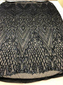 Navy Sequins on a Mesh, Geometric Design Embroidered on a Mesh 4way Stretch Sequin-Prom-Gown By The Yard
