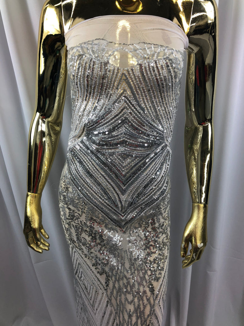 Silver Sequins on White Mesh, Geometric Design Embroidered on a Mesh 4way Stretch Sequin-Prom-Gown By The Yard