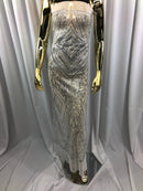 Silver Sequins on White Mesh, Geometric Design Embroidered on a Mesh 4way Stretch Sequin-Prom-Gown By The Yard