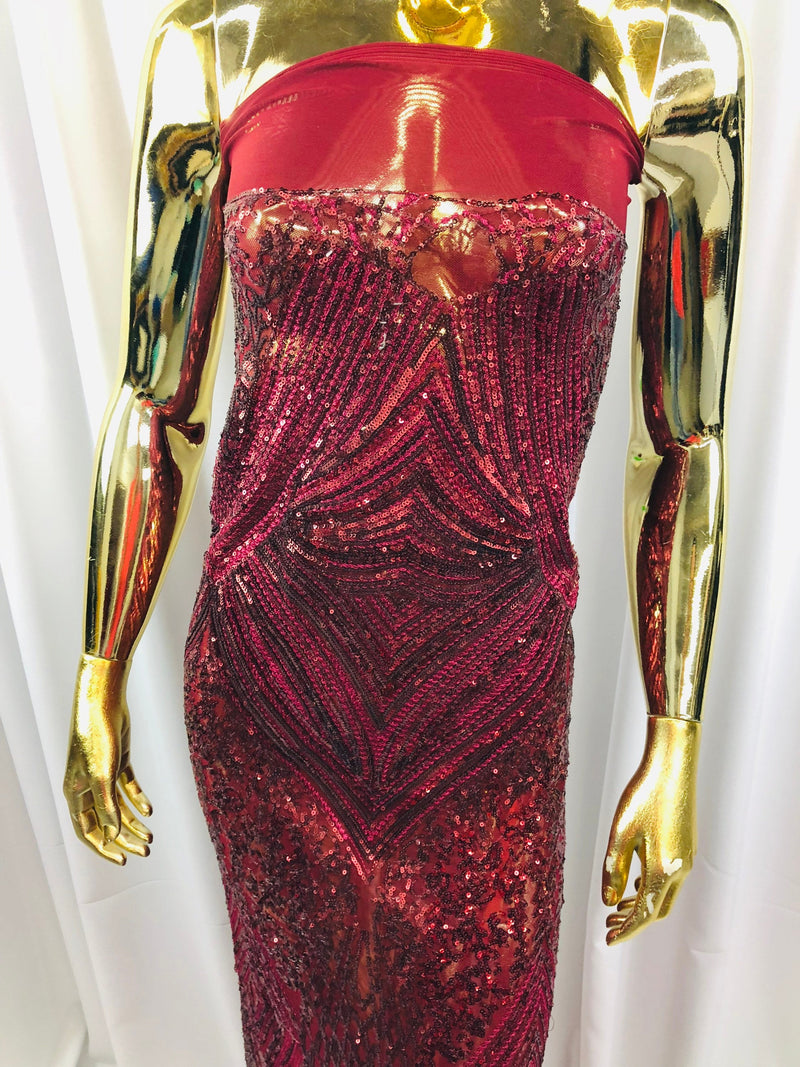 Burgundy Sequins on Mesh, Geometric Design Embroidered on a Mesh 4way Stretch Sequin-Prom-Gown By The Yard