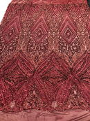 Burgundy Sequins on Mesh, Geometric Design Embroidered on a Mesh 4way Stretch Sequin-Prom-Gown By The Yard