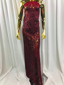 Burgundy Sequins on Mesh, Geometric Design Embroidered on a Mesh 4way Stretch Sequin-Prom-Gown By The Yard