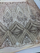 Lt Gold Sequins on Mesh, Geometric Design Embroidered on a Mesh 4way Stretch Sequin-Prom-Gown By The Yard