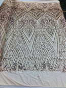 Lt Gold Sequins on Mesh, Geometric Design Embroidered on a Mesh 4way Stretch Sequin-Prom-Gown By The Yard