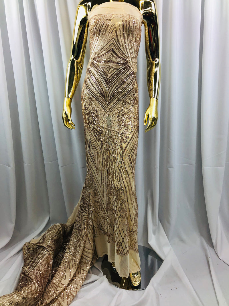 Lt Gold Sequins on Mesh, Geometric Design Embroidered on a Mesh 4way Stretch Sequin-Prom-Gown By The Yard