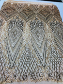 Champagne Sequins on Mesh, Geometric Design Embroidered on a Mesh 4way Stretch Sequin-Prom-Gown By The Yard