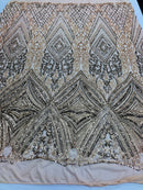 Champagne Sequins on Mesh, Geometric Design Embroidered on a Mesh 4way Stretch Sequin-Prom-Gown By The Yard