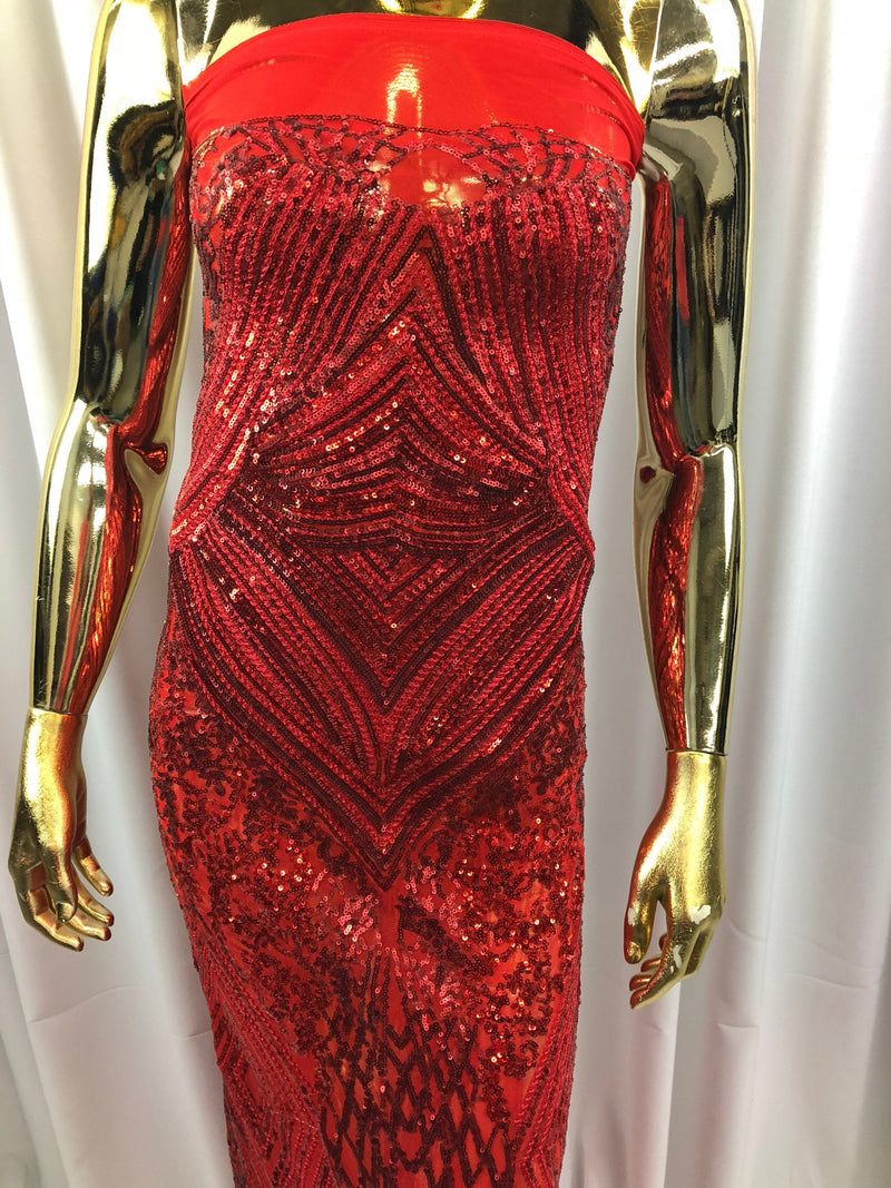 Red Sequins on Mesh, Geometric Design Embroidered on a Mesh 4way Stretch Sequin-Prom-Gown By The Yard
