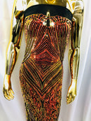 Iridescent Orange Sequins on Black Mesh, Geometric Design Embroidered on a Mesh 4way Stretch Sequin-Prom-Gown By The Yard