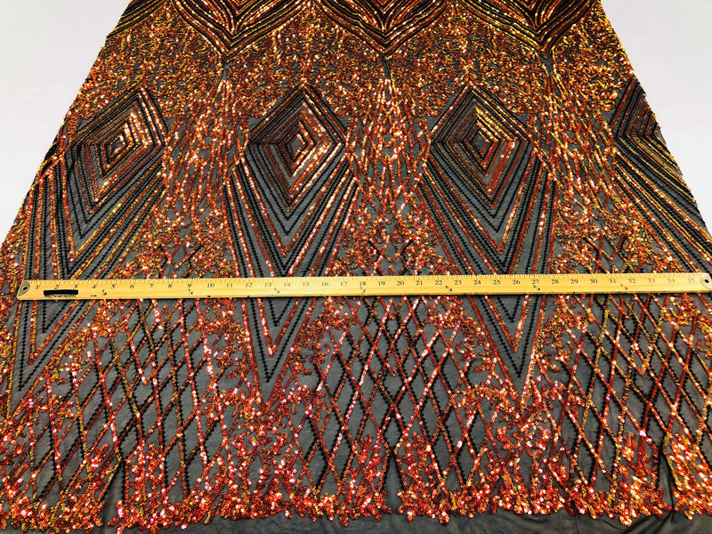 Iridescent Orange Sequins on Black Mesh, Geometric Design Embroidered on a Mesh 4way Stretch Sequin-Prom-Gown By The Yard