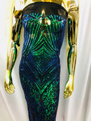 Iridescent Green Sequins on Black Mesh, Geometric Design Embroidered on a Mesh 4way Stretch Sequin-Prom-Gown By The Yard