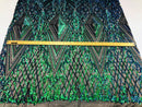 Iridescent Green Sequins on Black Mesh, Geometric Design Embroidered on a Mesh 4way Stretch Sequin-Prom-Gown By The Yard