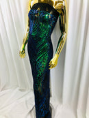 Iridescent Green Sequins on Black Mesh, Geometric Design Embroidered on a Mesh 4way Stretch Sequin-Prom-Gown By The Yard