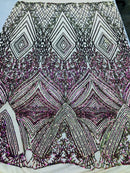 Iridescent Purple Sequins on Nude Mesh, Geometric Design Embroidered on a Mesh 4way Stretch Sequin-Prom-Gown By The Yard