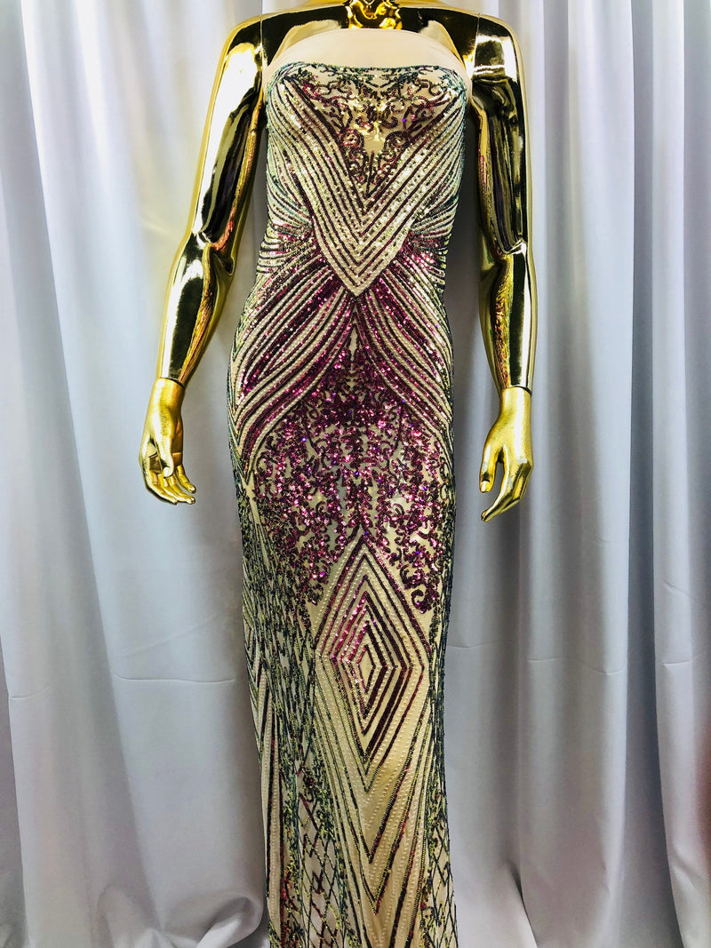 Iridescent Purple Sequins on Nude Mesh, Geometric Design Embroidered on a Mesh 4way Stretch Sequin-Prom-Gown By The Yard