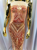 Iridescent Orange Sequins on Nude Mesh, Geometric Design Embroidered on a Mesh 4way Stretch Sequin-Prom-Gown By The Yard