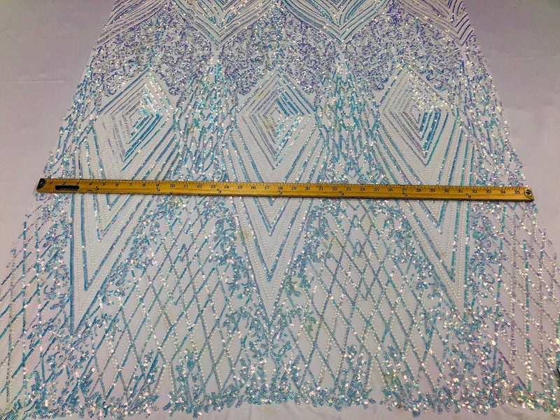 Iridescent Clear Sequins on White Mesh, Geometric Design Embroidered on a Mesh 4way Stretch Sequin-Prom-Gown By The Yard