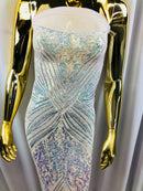 Iridescent Clear Sequins on White Mesh, Geometric Design Embroidered on a Mesh 4way Stretch Sequin-Prom-Gown By The Yard