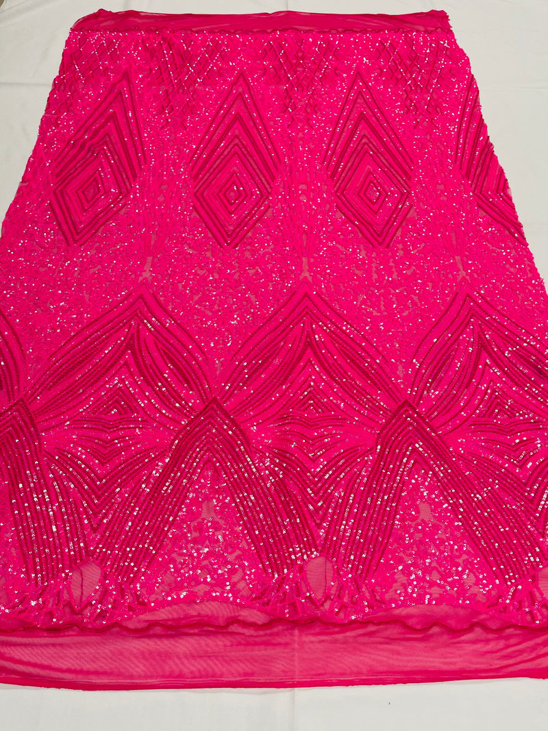 Iridescent Hot Pink Sequins on Mesh, Geometric Design Embroidered on a Mesh 4way Stretch Sequin-Prom-Gown By The Yard