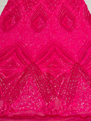 Iridescent Hot Pink Sequins on Mesh, Geometric Design Embroidered on a Mesh 4way Stretch Sequin-Prom-Gown By The Yard
