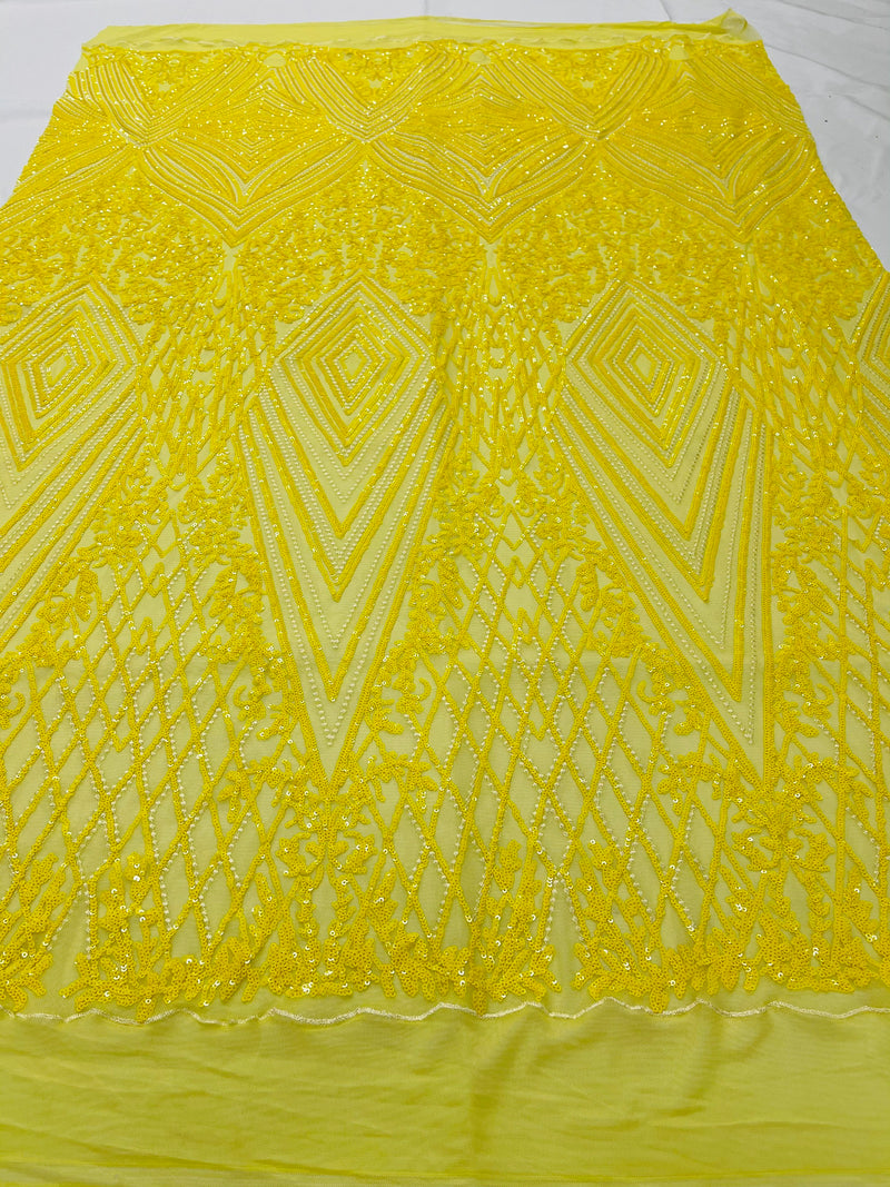 Yellow Sequins on Mesh, Geometric Design Embroidered on a Mesh 4way Stretch Sequin-Prom-Gown By The Yard