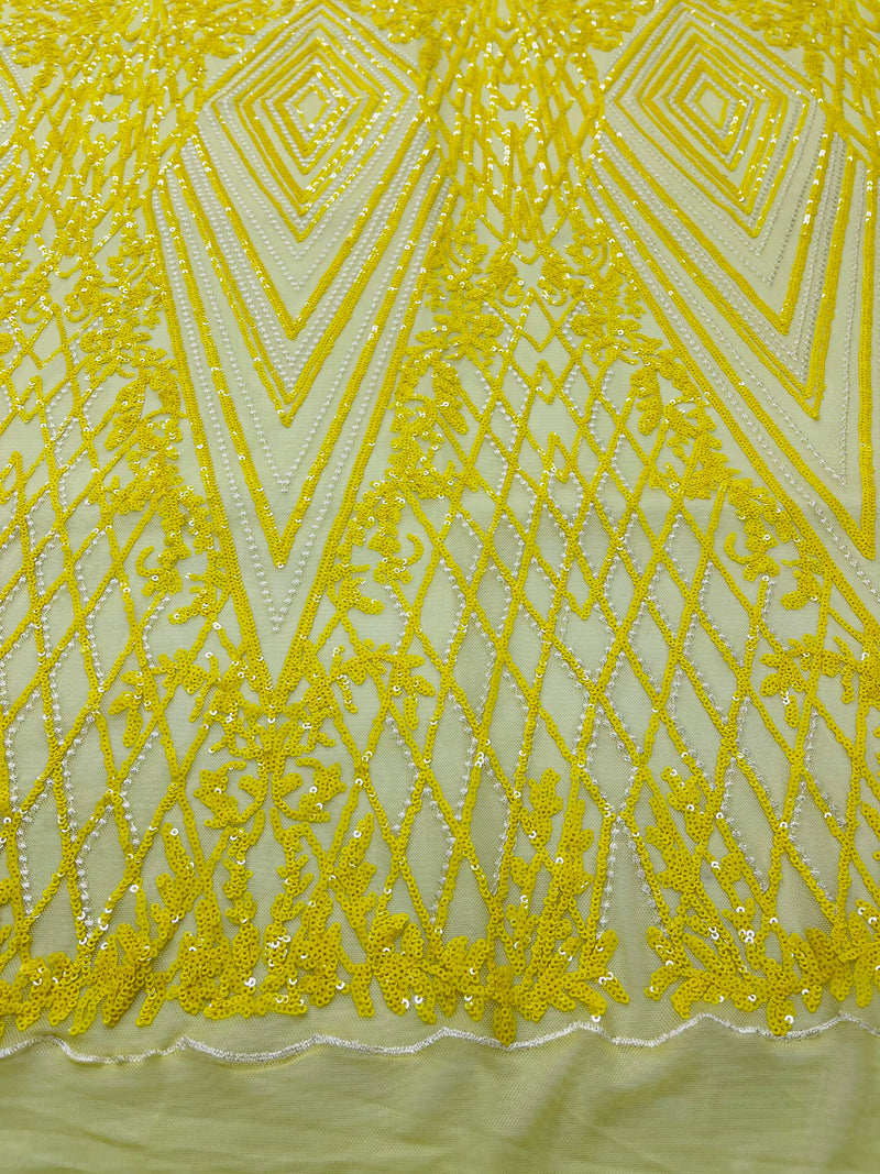 Yellow Sequins on Mesh, Geometric Design Embroidered on a Mesh 4way Stretch Sequin-Prom-Gown By The Yard