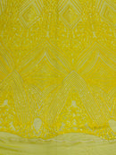 Yellow Sequins on Mesh, Geometric Design Embroidered on a Mesh 4way Stretch Sequin-Prom-Gown By The Yard