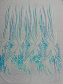 Angel Wings Sequins Fabric - Iridescent Aqua White - 4 Way Stretch Feather Wings Sequins Design By Yard