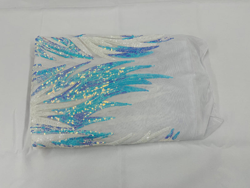 Angel Wings Sequins Fabric - Iridescent Aqua White - 4 Way Stretch Feather Wings Sequins Design By Yard