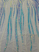 Angel Wings Sequins Fabric - Iridescent Aqua White - 4 Way Stretch Feather Wings Sequins Design By Yard