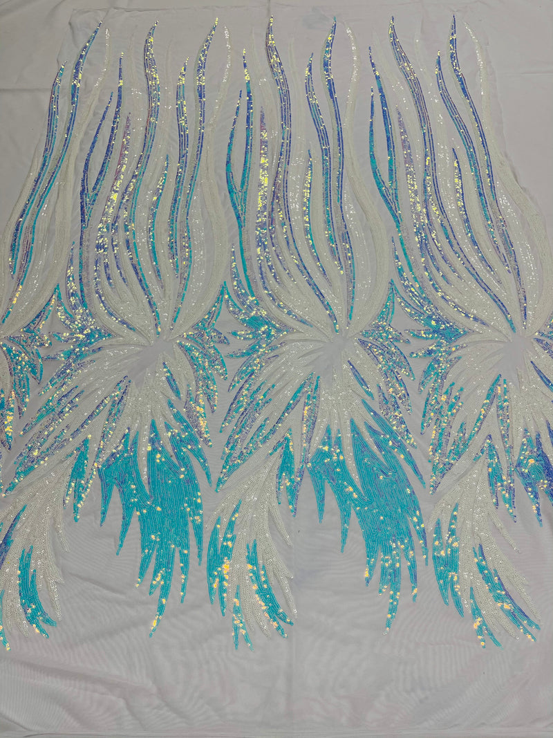 Angel Wings Sequins Fabric - Iridescent Aqua White - 4 Way Stretch Feather Wings Sequins Design By Yard
