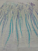 Angel Wings Sequins Fabric - Iridescent Aqua White - 4 Way Stretch Feather Wings Sequins Design By Yard