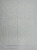 White Sequins on White Mesh, Royalty Design Embroidered on a Mesh 4way Stretch Sequin-Prom-Gown By The Yard