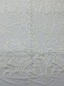 White Sequins on White Mesh, Royalty Design Embroidered on a Mesh 4way Stretch Sequin-Prom-Gown By The Yard