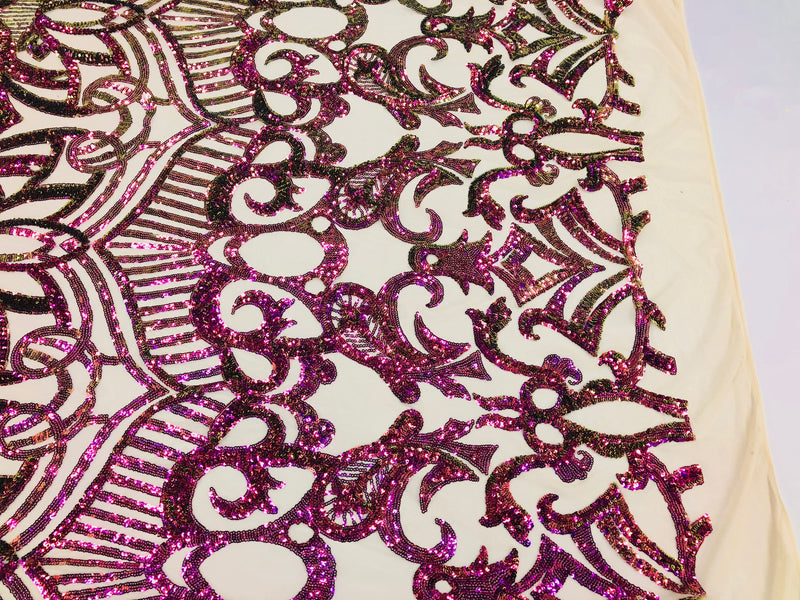 Iridescent Purple/Green Sequins on Nude Mesh, Royalty Design Embroidered on a Mesh 4way Stretch Sequin-Prom-Gown By The Yard