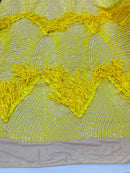 Yellow Fringe Sequins on Nude Mesh, Fringe Design Embroidered on a Mesh 4way Stretch Fancy Sequin-Prom-Gown ( Choose The Size )