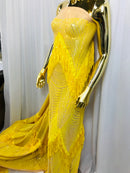 Yellow Fringe Sequins on Nude Mesh, Fringe Design Embroidered on a Mesh 4way Stretch Fancy Sequin-Prom-Gown ( Choose The Size )
