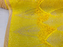 Yellow Fringe Sequins on Nude Mesh, Fringe Design Embroidered on a Mesh 4way Stretch Fancy Sequin-Prom-Gown ( Choose The Size )