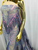 Iridescent Lavender Fringe Sequins on Nude Mesh, Fringe Design Embroidered on a Mesh 4way Stretch Fancy Sequin-Prom-Gown ( Choose The Size )