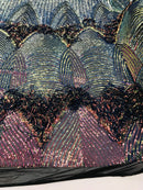 Iridescent Rainbow Fringe Sequins on Black Mesh, Fringe Design Embroidered on a Mesh 4way Stretch Fancy Sequin-Prom-Gown( Choose The Size )