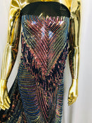 Iridescent Rainbow Fringe Sequins on Black Mesh, Fringe Design Embroidered on a Mesh 4way Stretch Fancy Sequin-Prom-Gown( Choose The Size )