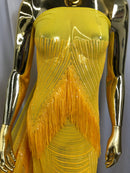 Iridescent DK Yellow Fringe Sequins on Mesh, Fringe Design Embroidered on a Mesh 4way Stretch Fancy Sequin-Prom-Gown ( Choose The Size )