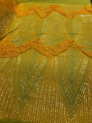 Iridescent DK Yellow Fringe Sequins on Mesh, Fringe Design Embroidered on a Mesh 4way Stretch Fancy Sequin-Prom-Gown ( Choose The Size )